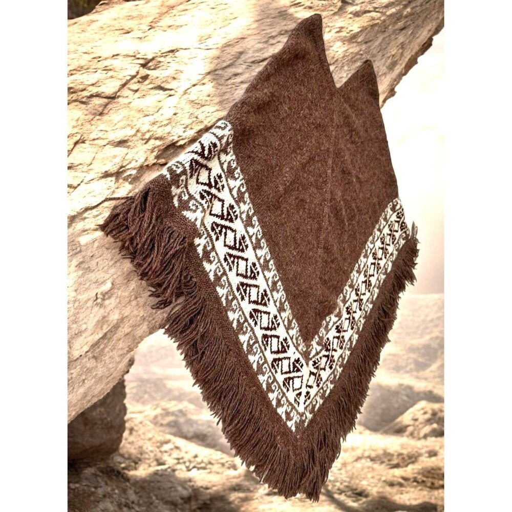 Vintage Fotrama Poncho Shawl Cape One Size Alpaca Wool Fringe Tribal Winter Boho - Picture 5 of 12